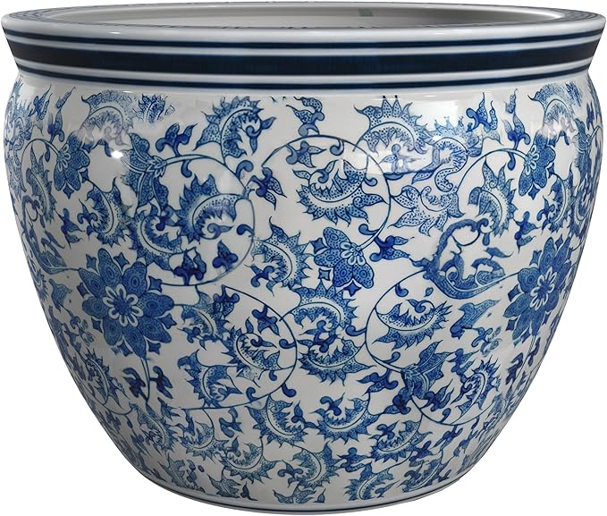 Red Lantern 14" Floral Blue & White Porcelain Fishbowl Planter or Cachepot - Image 6