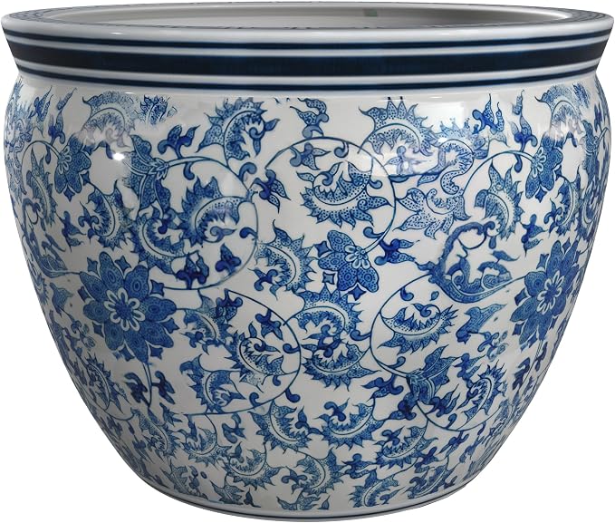 Red Lantern Large 18" Porcelain Fishbowl Blue & White Floral Planter or Cachepot - Image 6