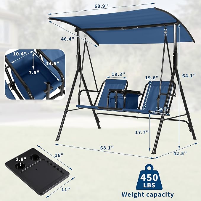 2-Person Porch Swing with Cup Holders, Pivot Storage Table & Cooler Bag - Image 2