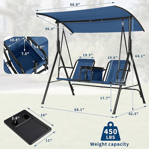 2-Person Porch Swing with Cup Holders, Pivot Storage Table & Cooler Bag - Image 2