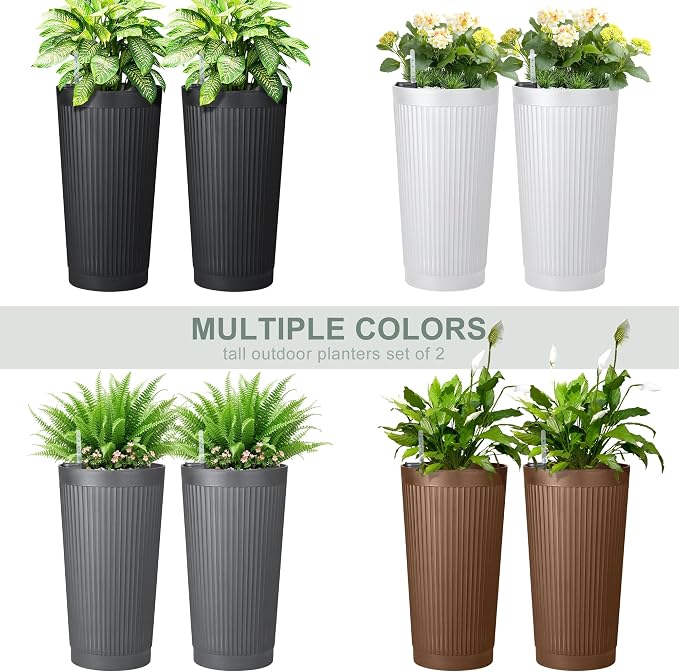 24" Large Planter Set of 2, Self Watering Tall Plastic Planters - Image 6