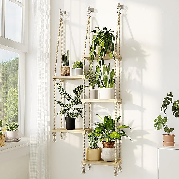 Bamworld Hanging Shelves Plant Hanger Indoor Window Plant Shelves Wood Plant - Image 6