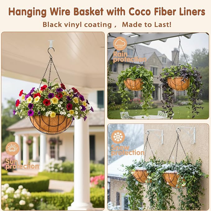 Metal Hanging Baskets for Plants Outdoor 4 Pack Round Metal Wire Hanging Basket - Image 3