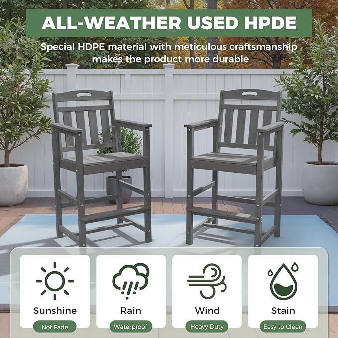 Outdoor Patio Tall Adirondack Bar Chairs Set of 2, All-Weather HDPE Bar Height - Image 2