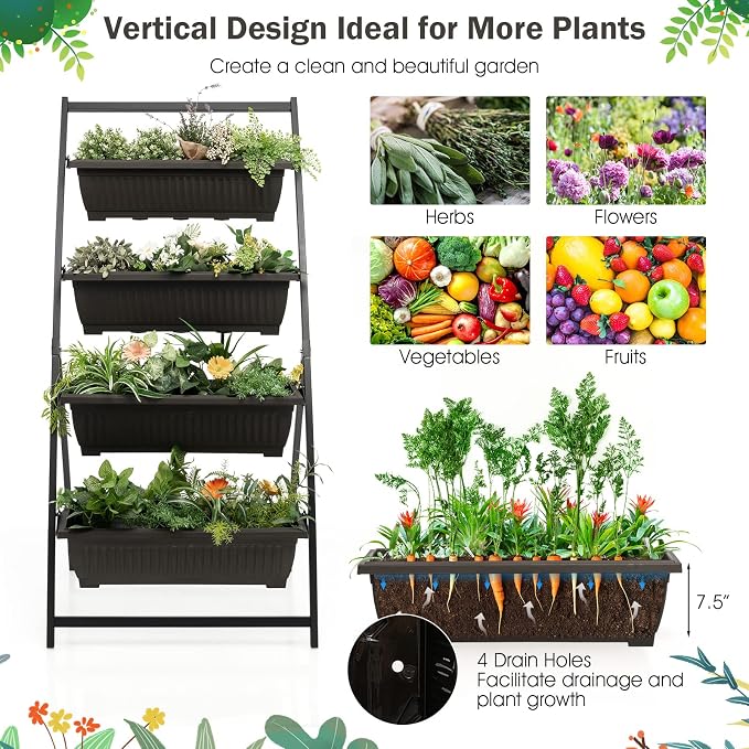 Giantex 2 Pcs 5.2FT Vertical Raised Garden Bed, 4-Tier Elevated Planter Box w/4 - Image 7