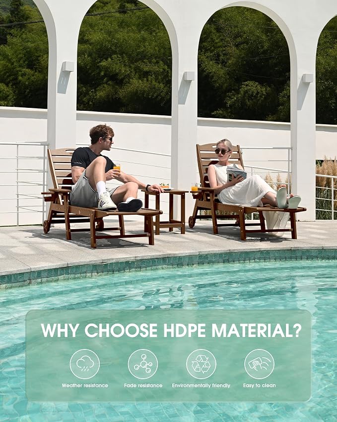 Lounge Chair Outdoor Set of 2, HDPE Chaise Lounge Outdoor, Pool Lounge Chair - Image 6