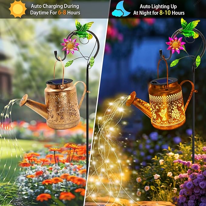 2 Pack Solar Lanterns Outdoor Waterproof, Hummingbird Watering Can Garden Decor - Image 6