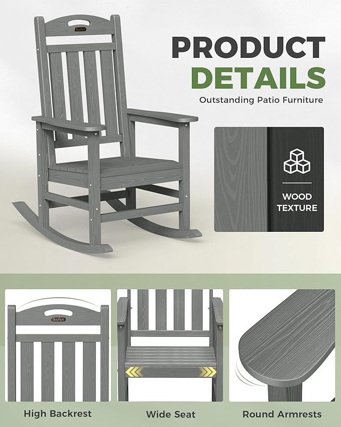Oversized Rocking Chair Outdoor, High Back Porch Rocker Chair, HDPE All Weather - Image 6