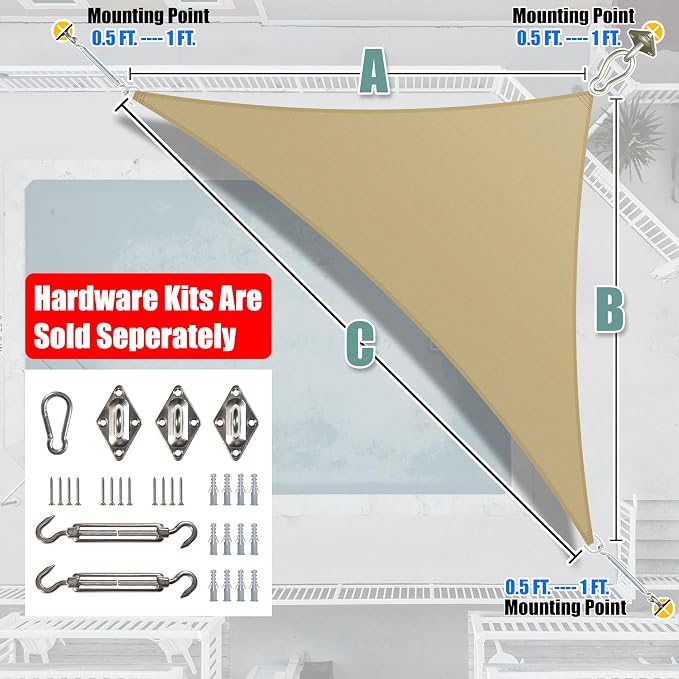 Amgo 12' x 12' x 17' Beige Right Triangle Sun Shade Sail UPF50+ Canopy Awning - Image 7