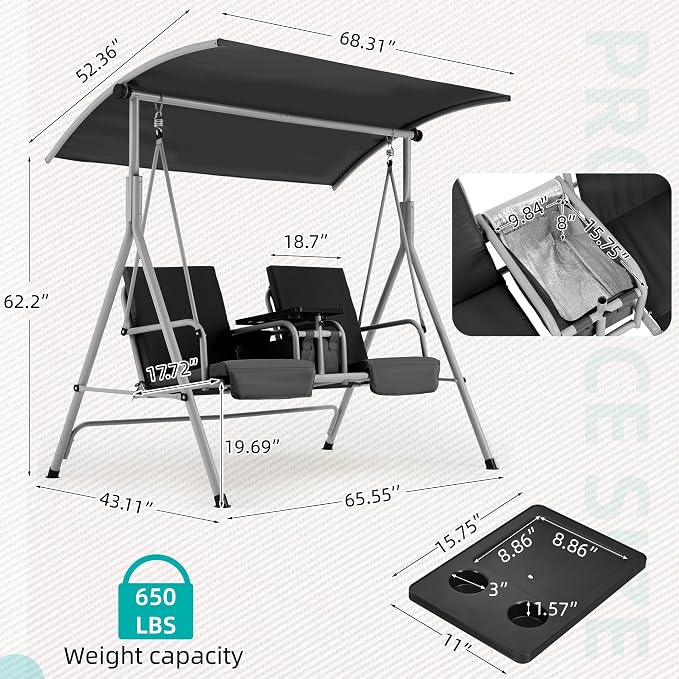 HOMREST 2 Seat Outdoor Porch Swing, Patio Swing - Image 3