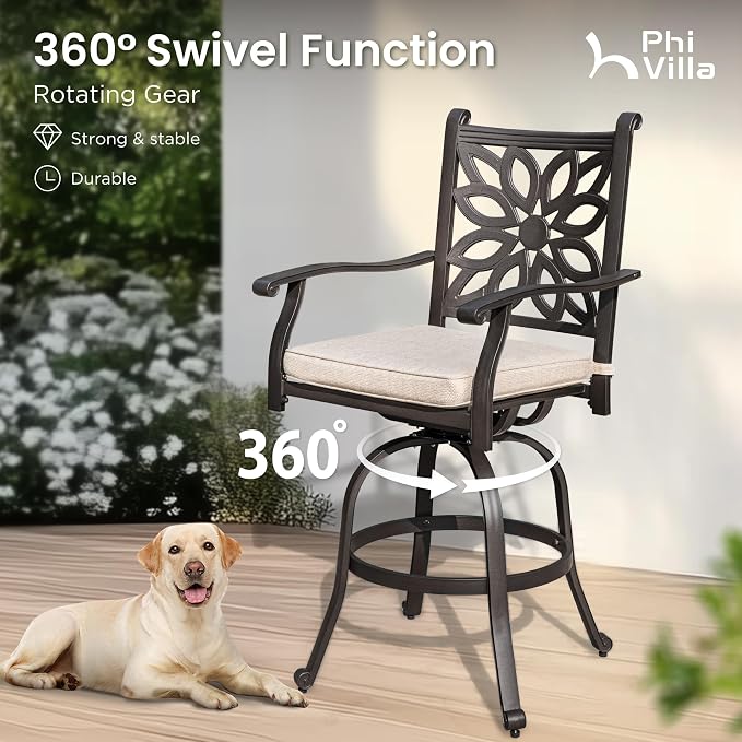 PHI VILLA Outdoor Swivel Bar Stools Set of 4, Cast Aluminum Patio Pub Height - Image 2