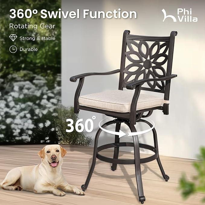 PHI VILLA Outdoor Swivel Bar Stools Set of 2, Cast Aluminum High Top Pub Height - Image 2