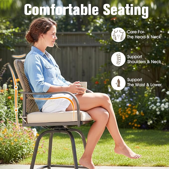 Outdoor Bar Stools Set of 4, 360° Swivel Metal Frame, Wicker Patio Bar Height - Image 7
