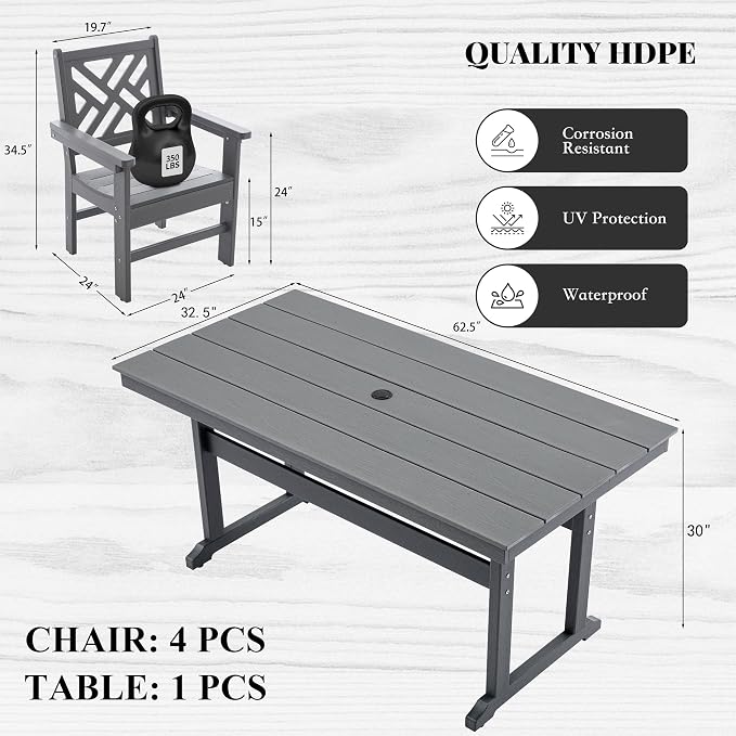 HDPE Dining Table Set for 4, 5-Piece Outdoor Table and Chairs Include 4 Dining - Image 3