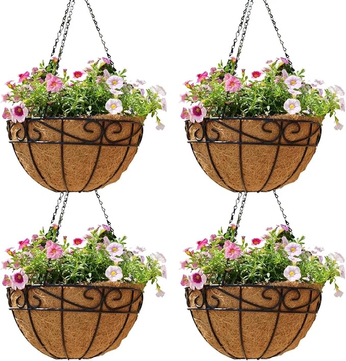 4 Pack 10 Inch Hanging Baskets for Plants Outdoor Metal Hanging Planter Hanging by Qusuxi