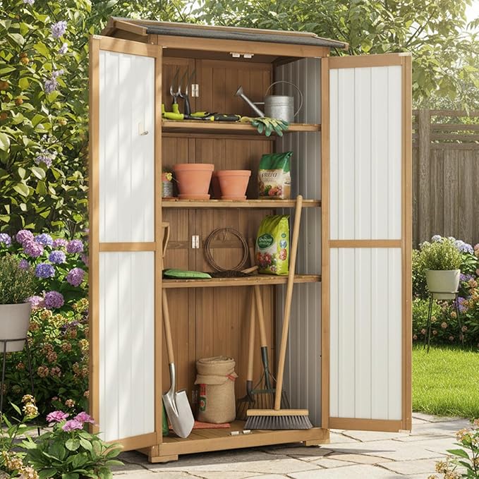 Outdoor Storage Cabinet Weather-Resistant, Wood & Metal Storage Shed - Image 3