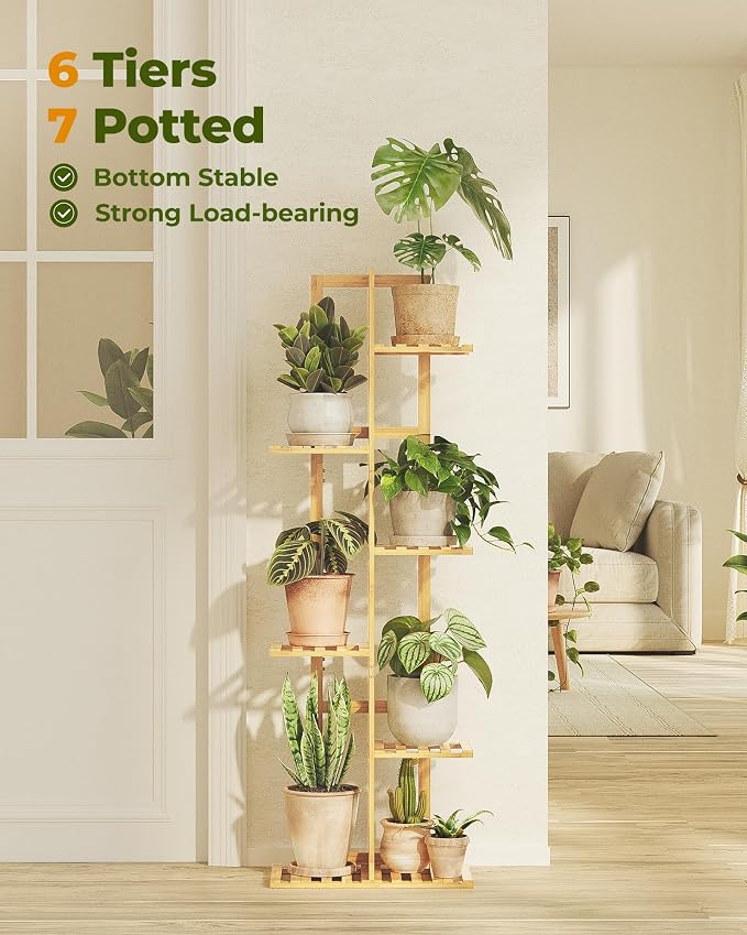 Bamworld Bamboo Plant Stand Indoor 6 Tiered Plant Shelf Outdoor Corner Plant - Image 4
