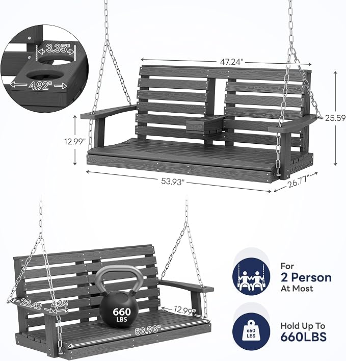 KINGYES Outdoor Hanging Patio Swing Chair Set of 4, 2 Seat Bench - Image 3