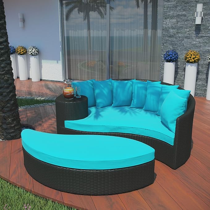 Modway Taiji Wicker Rattan Outdoor Patio Sectional Daybed in Espresso Turquoise - Image 5