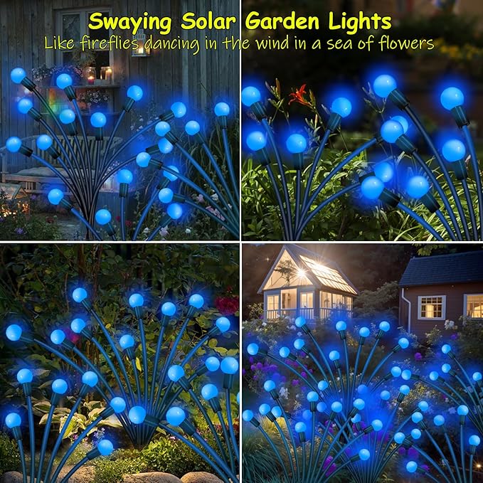Kohlrabi Solar Garden Lights Outdoor, 4 Pack 40 LED Solar Blue Firefly Lights - Image 5