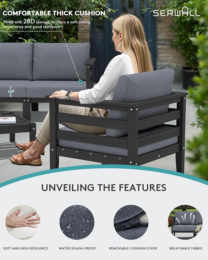 SERWALL HDPE Patio Furniture Set, 6 Pieces Outdoor Sectional Sofa Set, - Image 4