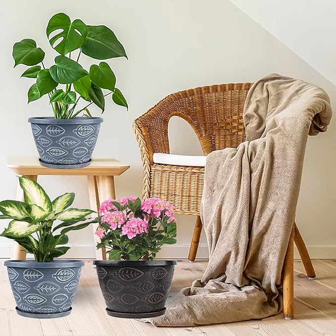3 Pack Flower Pots Outdoor 11 Inch Plant Pots Indoor, - Image 5