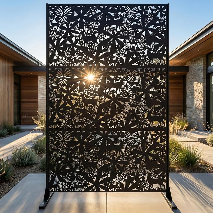 Metal Privacy Screen Outdoor 6FT – Freestanding Laser Cut Steel Garden Divider by Unknown