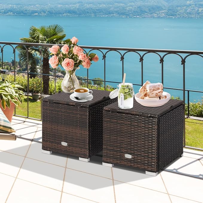Tangkula 2 Pieces Patio Ottomans, Patiojoy Hand-Woven PE Rattan Side Table - Image 2