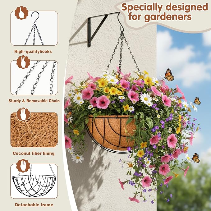 12 inch Metal Hanging Baskets for Plants Outdoor 4 Pack Round Metal Wire - Image 6