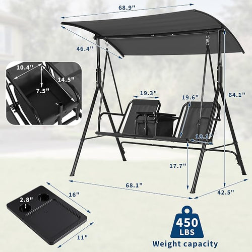 2-Person Porch Swing with Cup Holders, Pivot Storage Table & Cooler Bag - Image 2