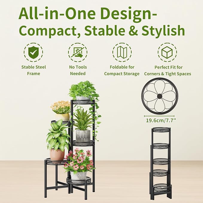 Plant Stand Indoor Outdoor, 5 Tier Corner Metal Flower Display Holder Stand - Image 5