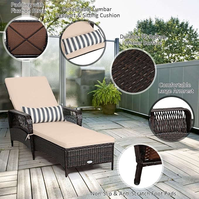 Tangkula Wicker Chaise Lounge Outdoor Set of 2, Patio Rattan Reclining Chaise - Image 7