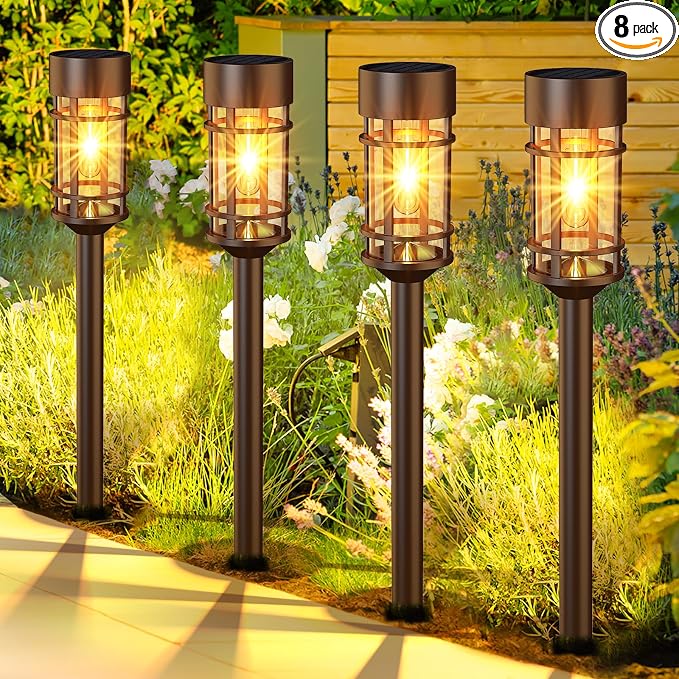 Solar Pathway Lights Outdoor Solar Lights 8 Pack Metal & Glass Design by ILANCK