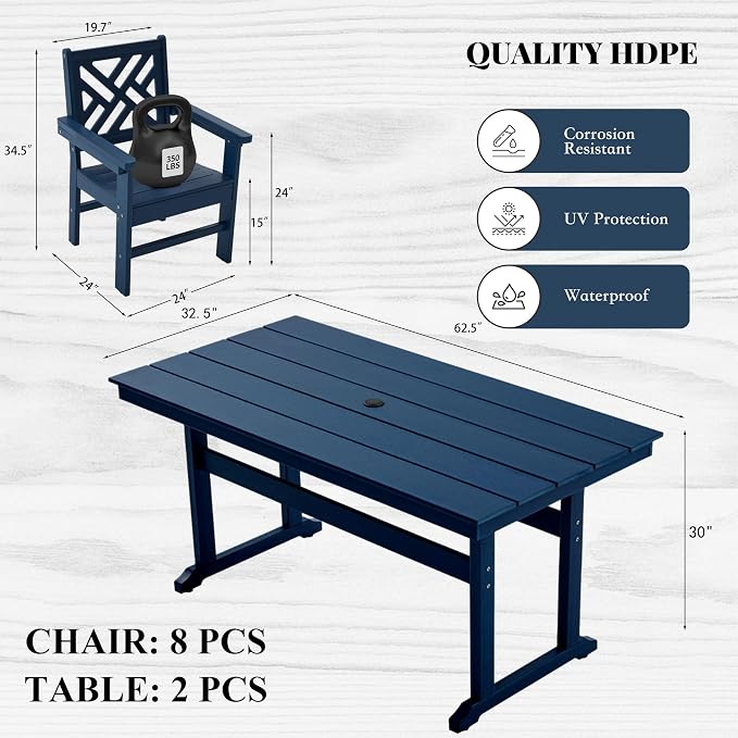 HDPE Outdoor Dining Set, 10-Piece Outdoor Table and Chairs Include 8 Dining - Image 2