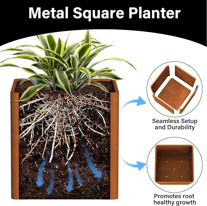 Corten Steel Planter Box 20" L x 20" W x 20" H, Large Metal Square Planter - Image 3