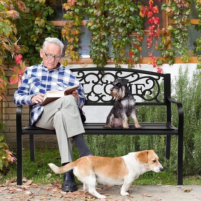 VINGLI Outdoor Bench for Patio Metal Garden Bench w/PVC Back Pattern - Image 2