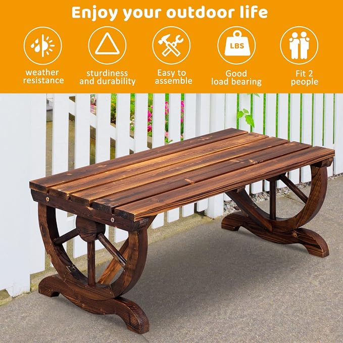 Outvita Wooden Garden Bench, Outdoor Rustic Wagon Wheel Bench - Image 7