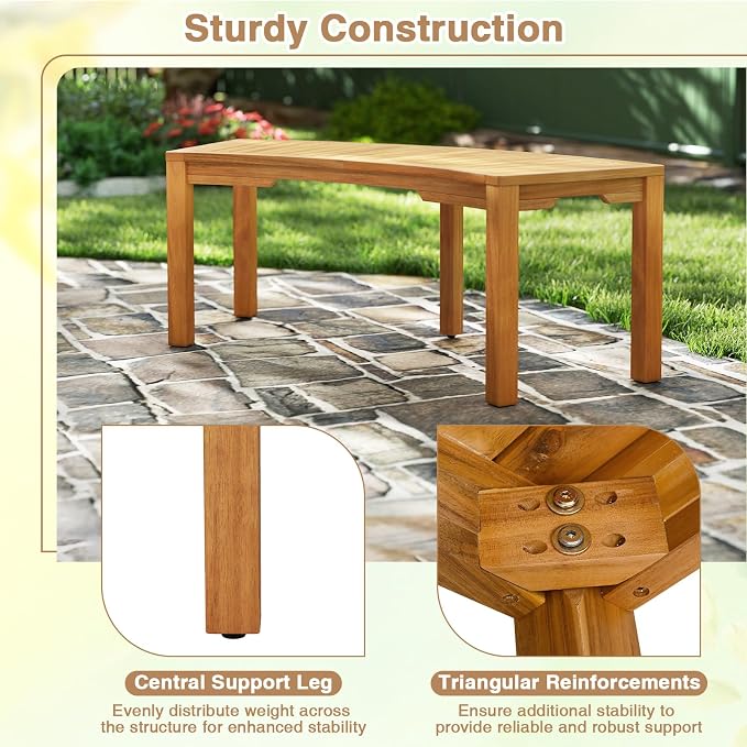 Tangkula Outdoor Curved Bench, Acacia Wood Fire Pit Bench w/Slatted Seat - Image 8