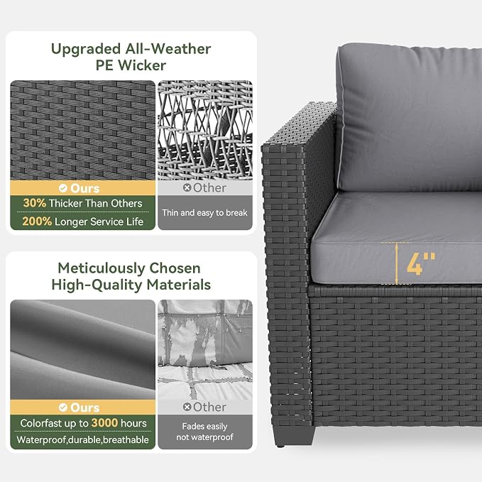 Aoxun 1 Piece 3-Seats Sofa Patio Furniture Set, Wicker Outdoor Furniture - Image 4