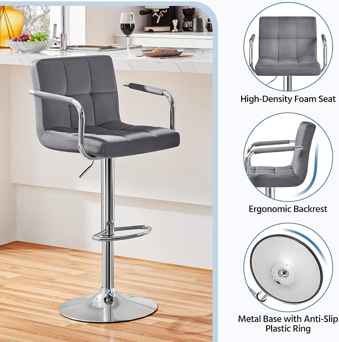 Yaheetech Velvet Bar Stools Set of 4, Adjustable Barstools - Image 6