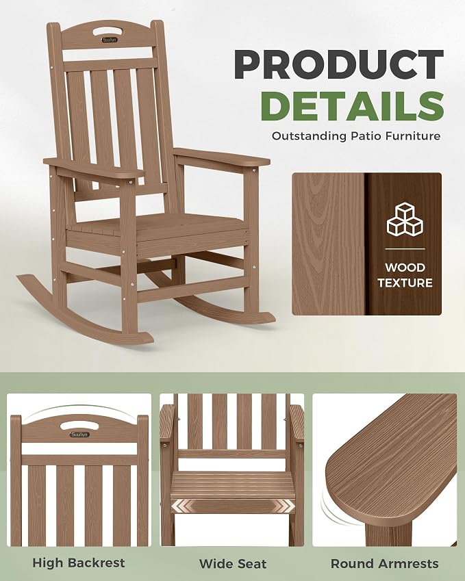 Oversized Rocking Chairs Outdoor Set of 2, High Back Porch Rocking Chair - Image 6