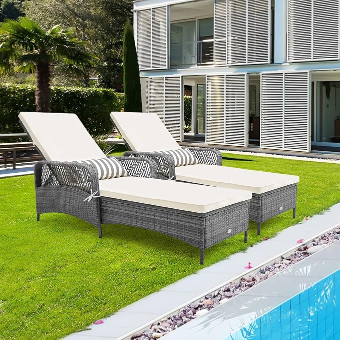 Tangkula Wicker Chaise Lounge Outdoor Set of 2, Patio Rattan Reclining Chaise - Image 2