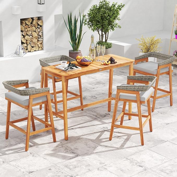 Tangkula 3 Piece Patio Bar Set, Outdoor Acacia Wood Counter Height Table - Image 3