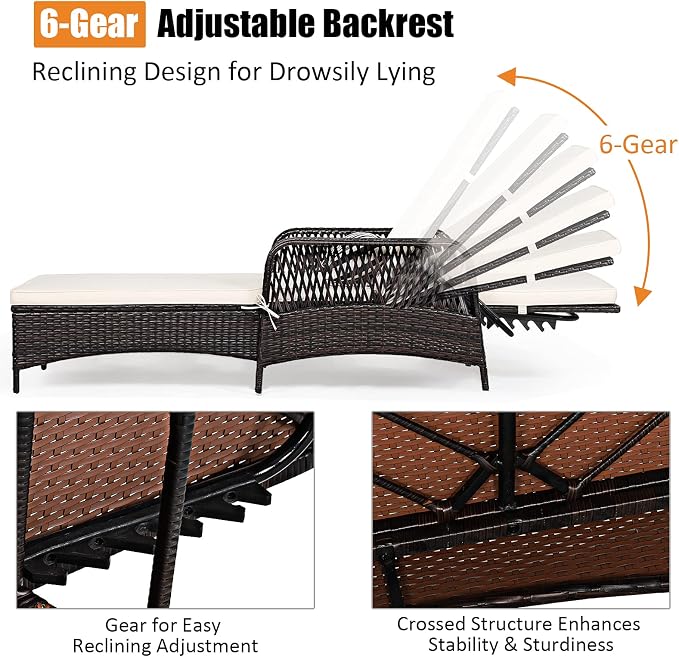 Tangkula Wicker Chaise Lounge Outdoor Set of 2, Patio Rattan Reclining Chaise - Image 6