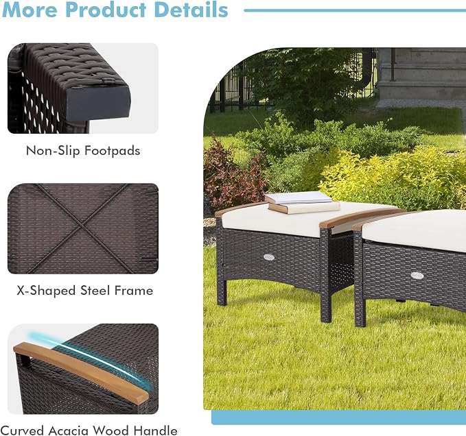 Tangkula 2 Piece Patio Rattan Ottomans, Outdoor Wicker Footstool w/Acacia Wood - Image 7