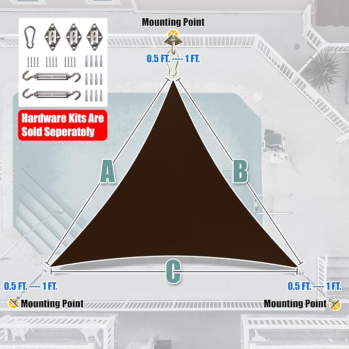 Amgo Custom Size 22' x 22' x 22' Brown Triangle Sun Shade Sail UPF50+ AGTAPRT12 - Image 8