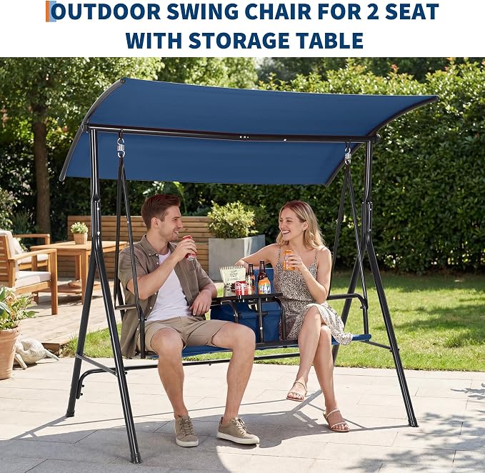 2-Person Porch Swing with Cup Holders, Pivot Storage Table & Cooler Bag - Image 7