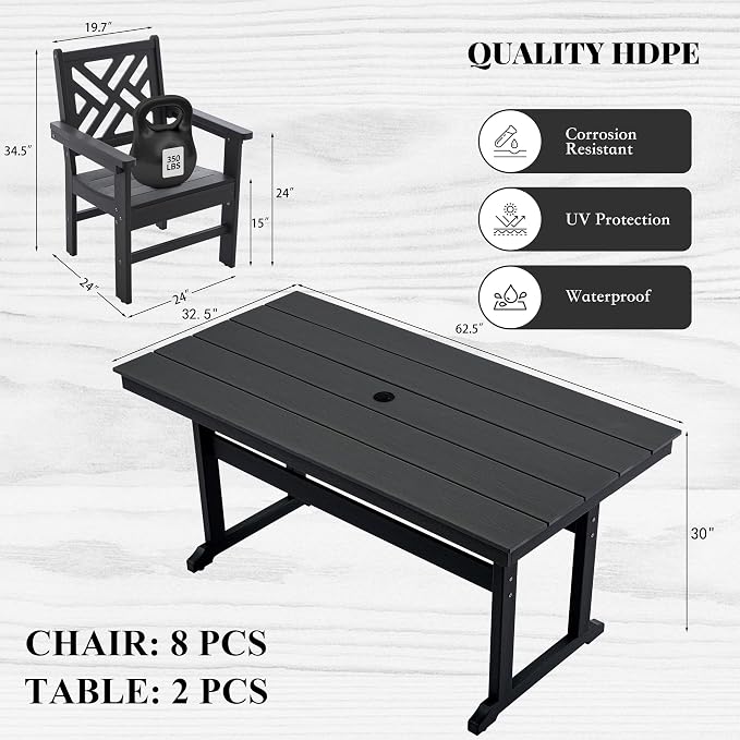 HDPE Dining Table Set for 8, 10-Piece Outdoor Table and Chairs Include 8 Dining - Image 2