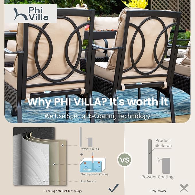 PHI VILLA Patio Chairs Set of 2, Heavy Duty Outdoor Metal Wicker Dining Chair - Image 8