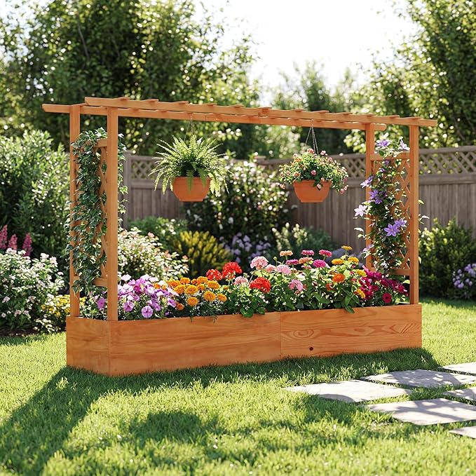 Giantex Raised Garden Bed with Trellis & Hanging Roof, Wood Planter Box with - Image 8